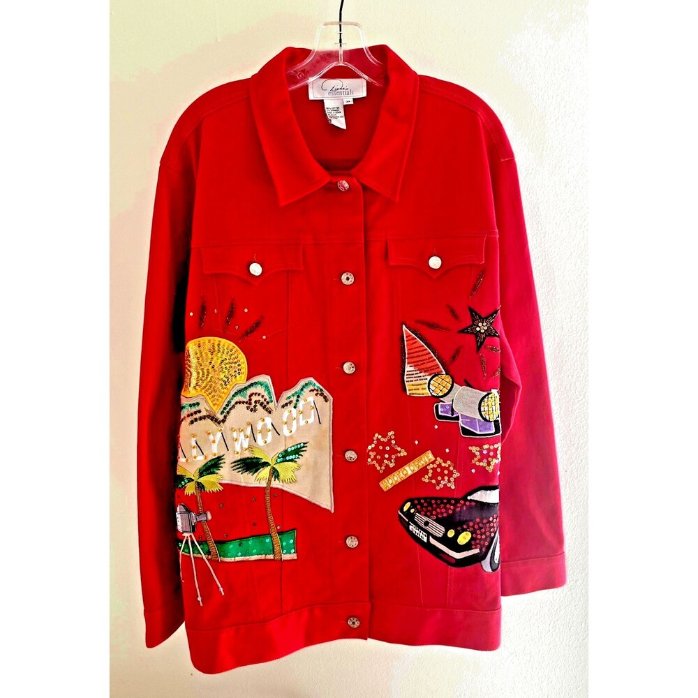 DIANE GILMAN "Hollywood" Collection Red Denim Sequined Jacket & Pants Set SZ 2X